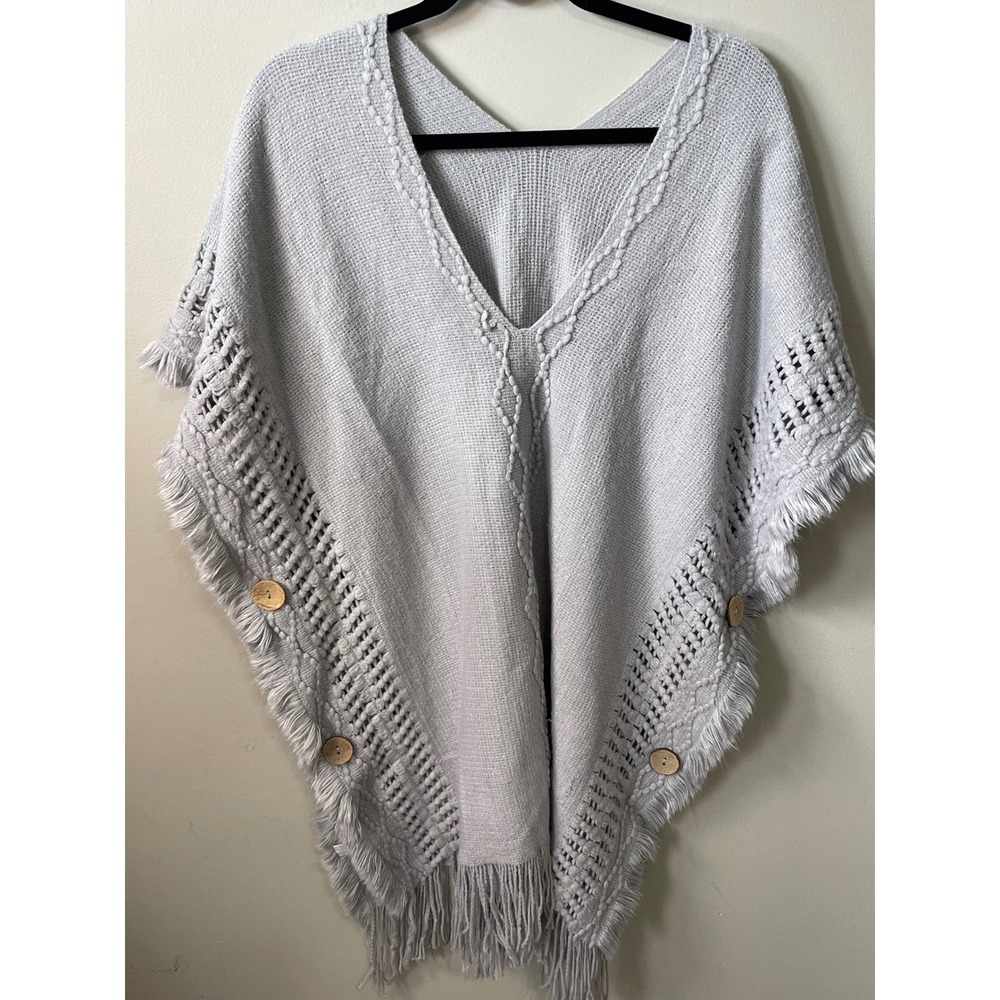 Unbranded Light Gray Knit Fringe Poncho V-Neck Boho Wrap with Wood Buttons